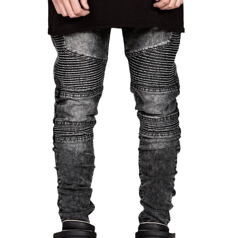 Modne motocyklowe dżinsy casualowe plisowane slim fit z wąską nogawką