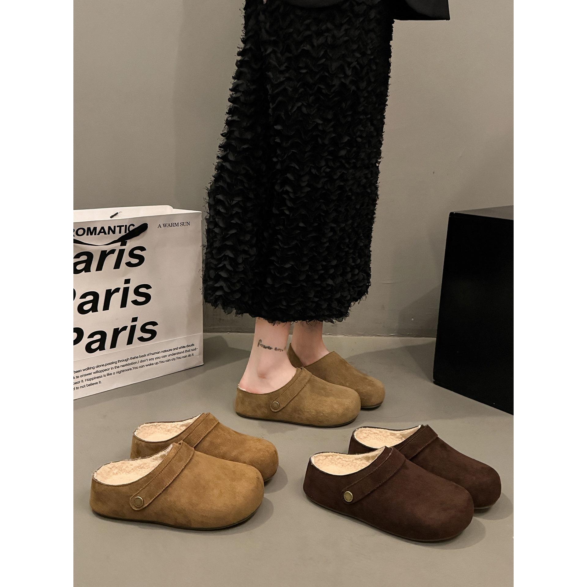Fleece thickened brown thick-soled half-drag Birkenstocks women s outer wear thermal cotton drag 39 хаки