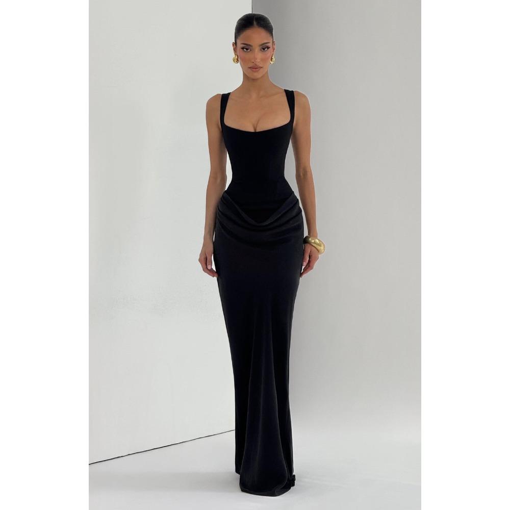 Women's Square Neck Sleeveless Solid Color Maxi Dress Mid Waist Bodycon Party Dress