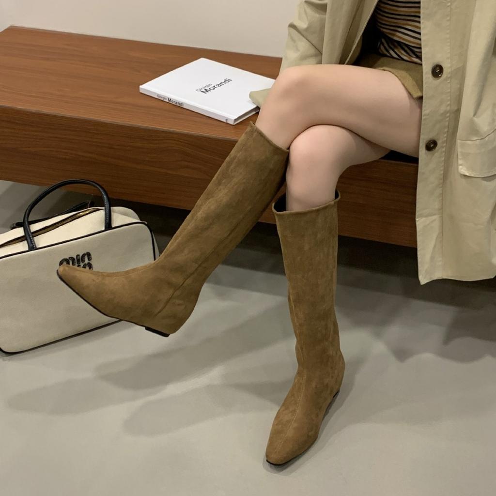 2025 New Square Head Suede But Knee Thin Inner Slope Heel Knight Women's Boots
