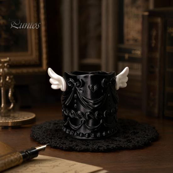 Multifunctional Desk Organizer 3D Printed Pen Holder, Large Capacity Dual-Purpose Makeup Brush Cute And Holder Pearlescent Angel Wing Relief