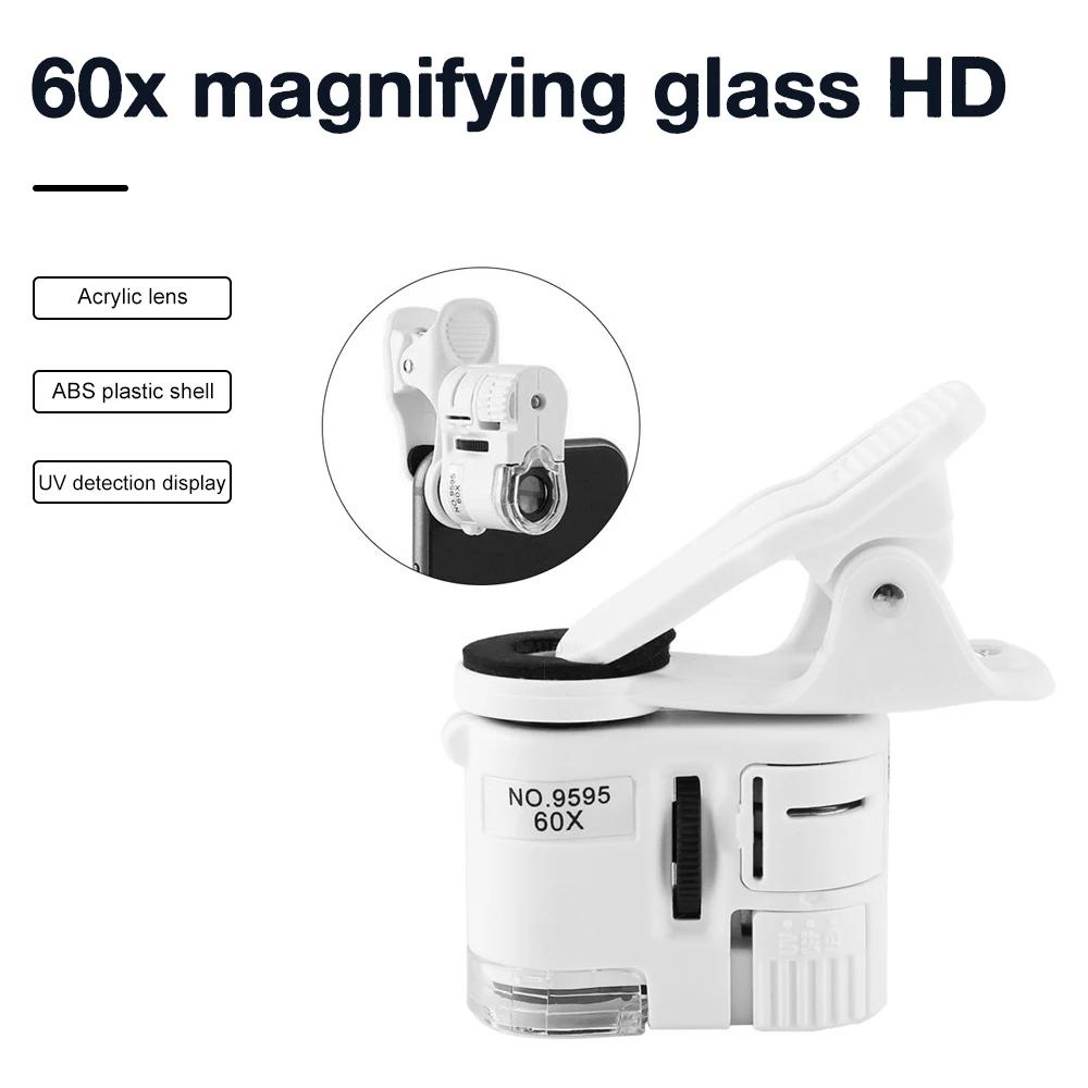 Universal Clip Microscope 61X LED Jewelry Magnifying Glass Cell Phone Clip Focusing Adjusted Pocket Microscope with Clip
