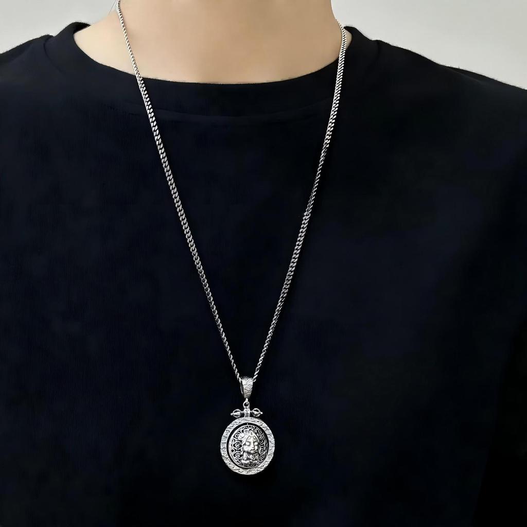 S925 Sterling Silver Double-Sided Tibetan God of Wealth Jaki Lham Pendant - Unisex Necklace