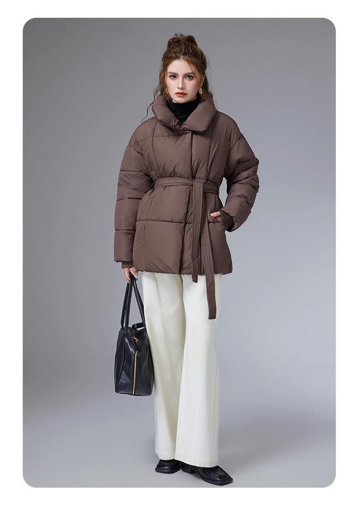 European Style 2025 Winter Stand Collar Cotton Jacket with Belt - Stylish, Chic Outerwear