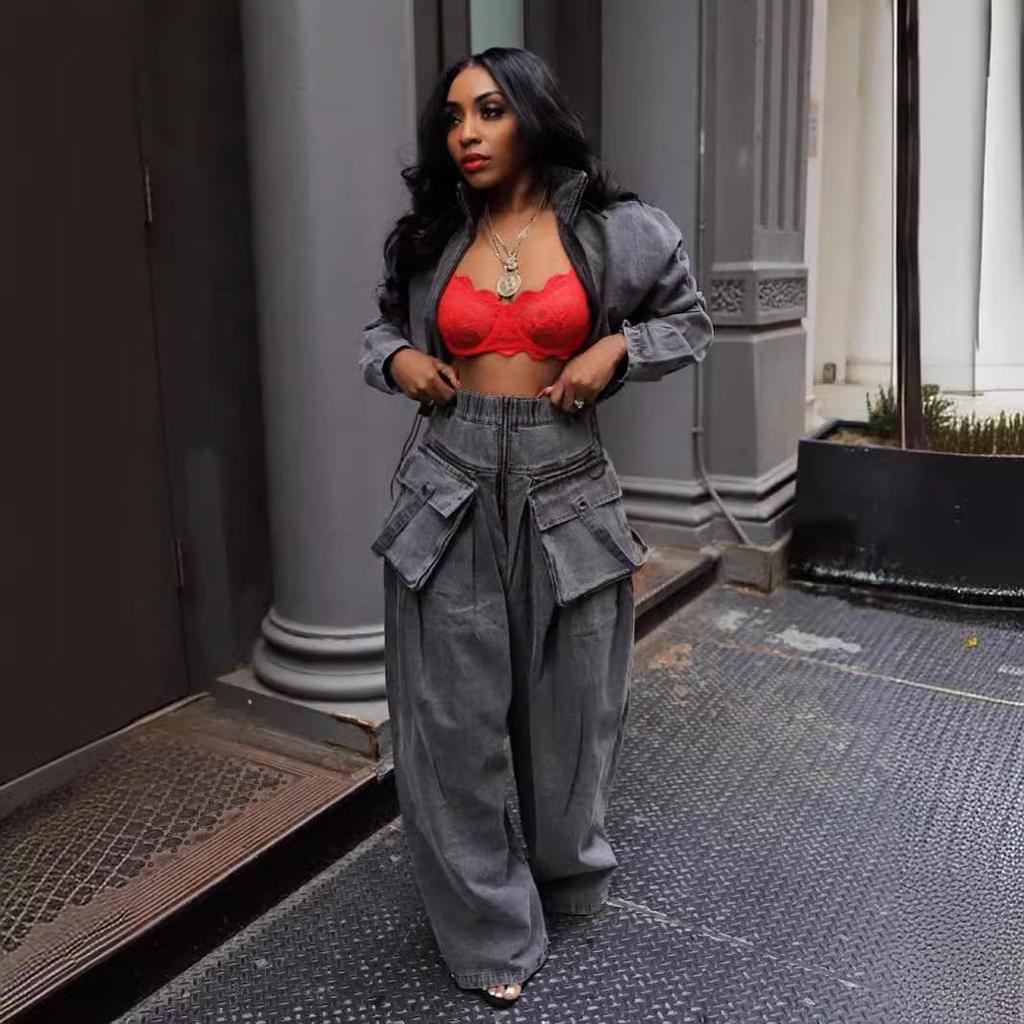 Two-Piece Retro Denim Workwear Set: Wide-Leg Trousers & Short Jacket for Women