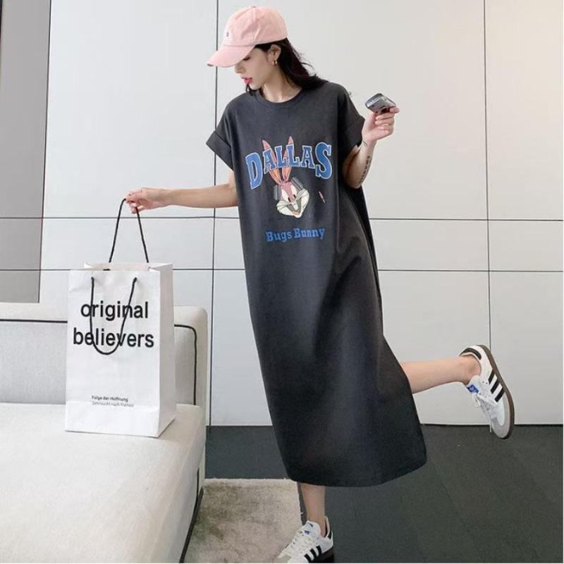 Cartoon Retro Slimming Sporty Dress for Summer. Comfortable and Loose-fitting Fashionable T-shirt Dress.