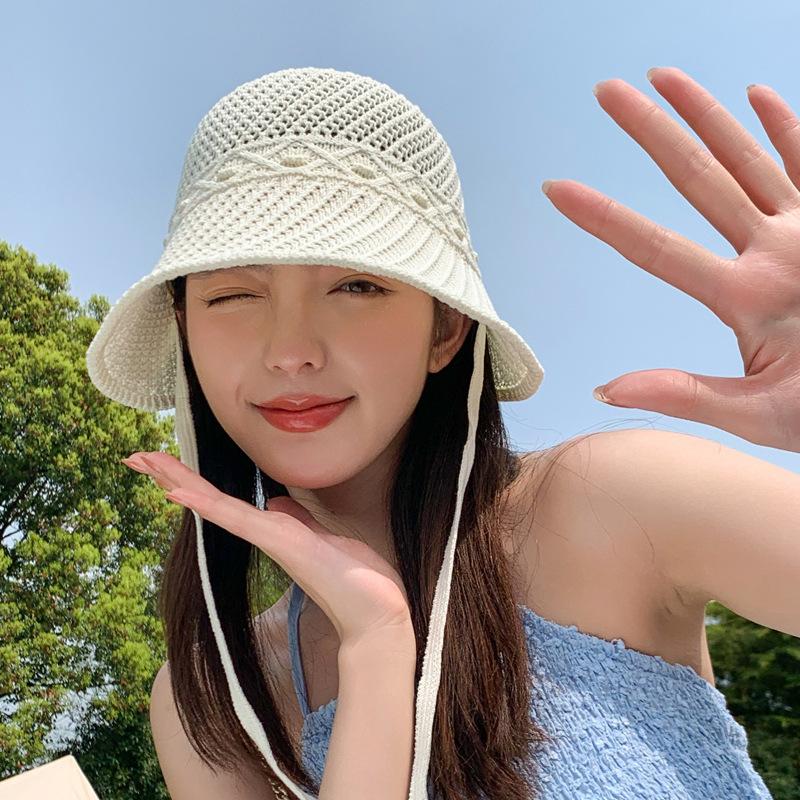 Versatile Tether Straw Hat Summer Sun Protection Hat Women's Outdoor Seaside Vacation Beach Hat Knitted Hollow Sun Hat Tide