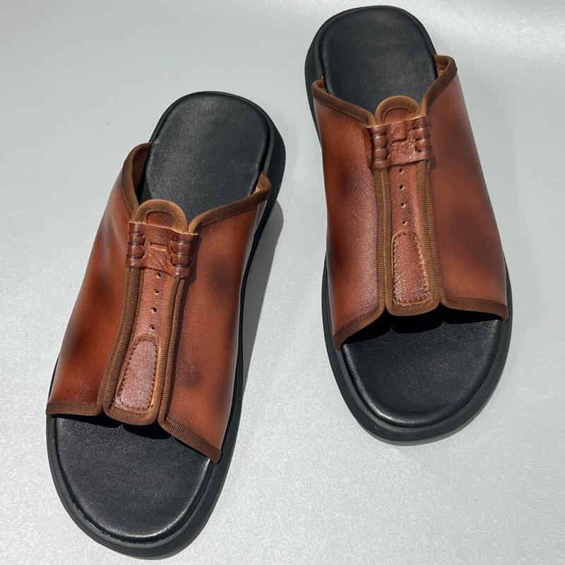 Fashion Retro Mens Genuine Leather Slippers Handmade Quality Summer 2024 New Comfortable Classic Brown Outdoor Daily Beach Shoes Man
