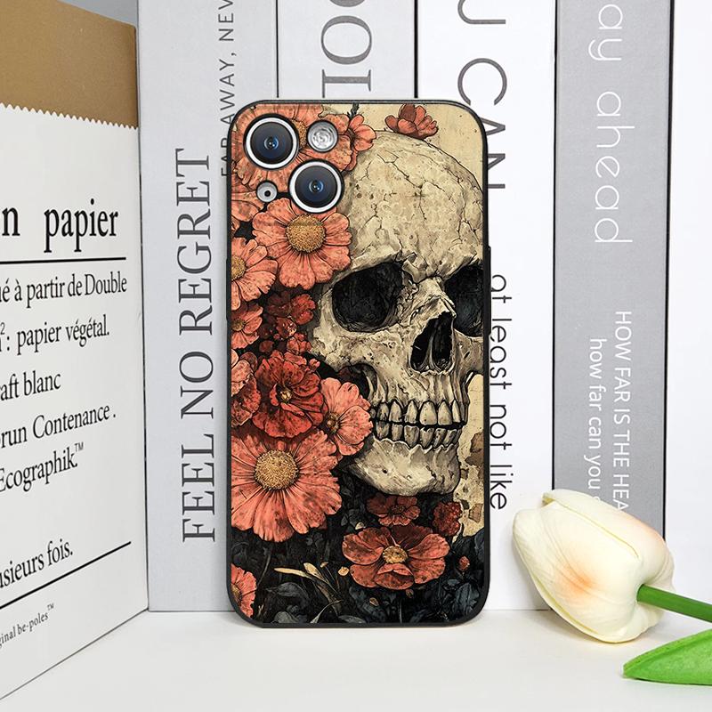 Retro Gothic Night Flower Skull Head Printed Phone Case for iPhone 17 16 12 11 14 Plus 13 14 15 Pro Max Mini X Floral Soft Cover