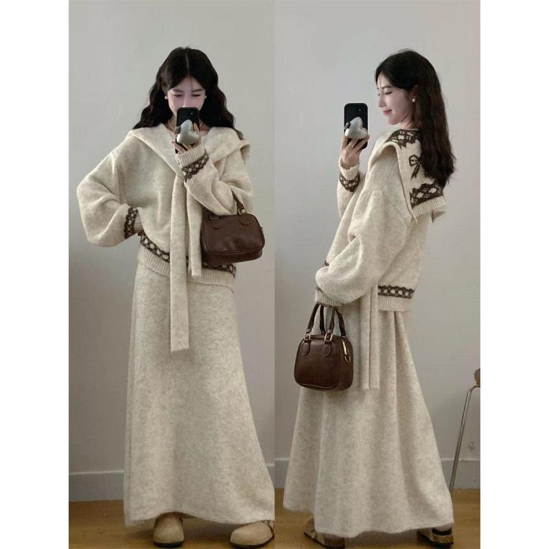Korean Style V-Neck Jacquard Sweater & Knit Skirt Set - Plus Size, Loose Fit