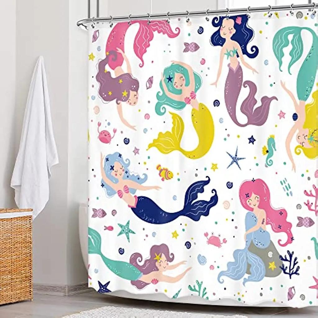 Mermaid Kids Shower Curtain Colourful Cartoon Sea Creatures Starfish Cute Girls Bathroom Decor Polyester Fabric Hanging Curtains