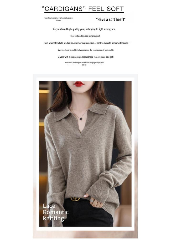 Women's Loose Polo Sweater: 100% Wool Knitwear with Soft Feel, Ideal for Autumn/Winter As Base Layer, Pure Wool Collar.