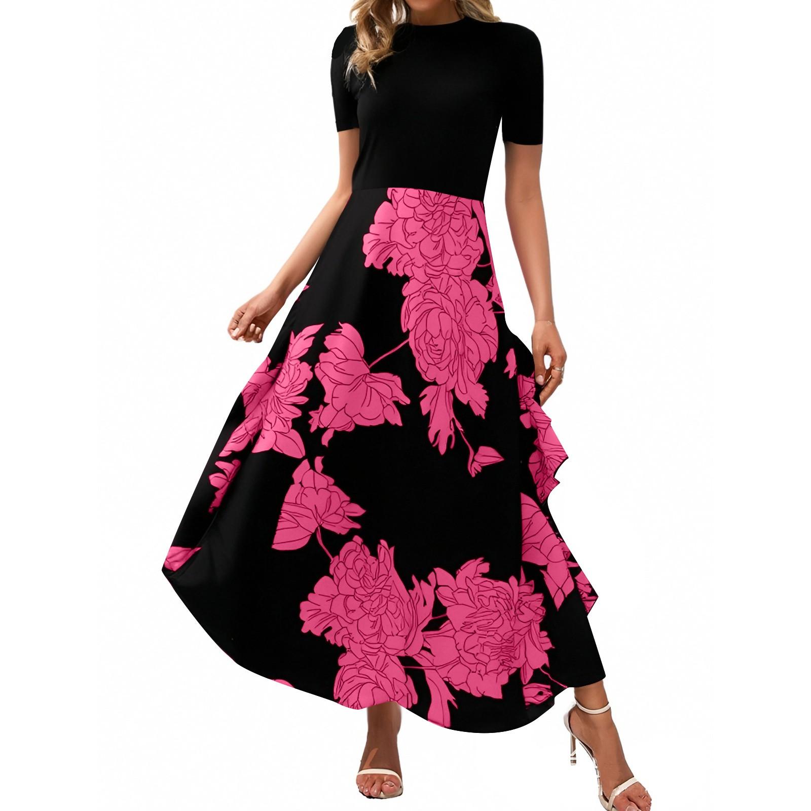 

Женское платье макси с цветочным принтом, повседневное, с круглым вырезом, короткими рукавами, оборками, струящееся, коктейльное, свадебное, для гостей XXL