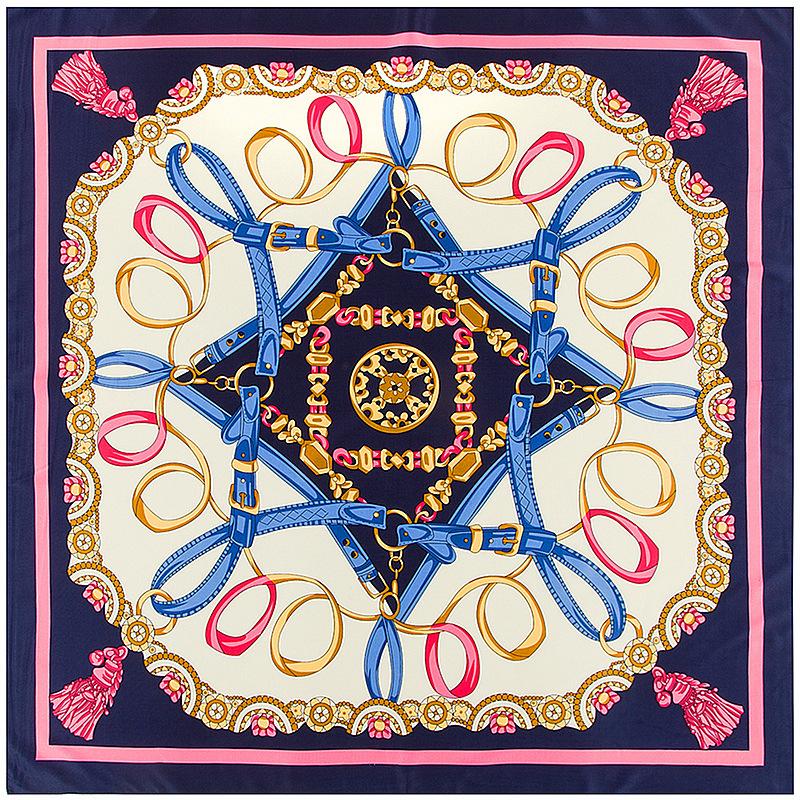 Luxury Brand 100% Twill Silk Scarf ChainsTassel Square Scarf New Design Print Kerchief Women Neck Shawl Wraps Echarpe 130cm