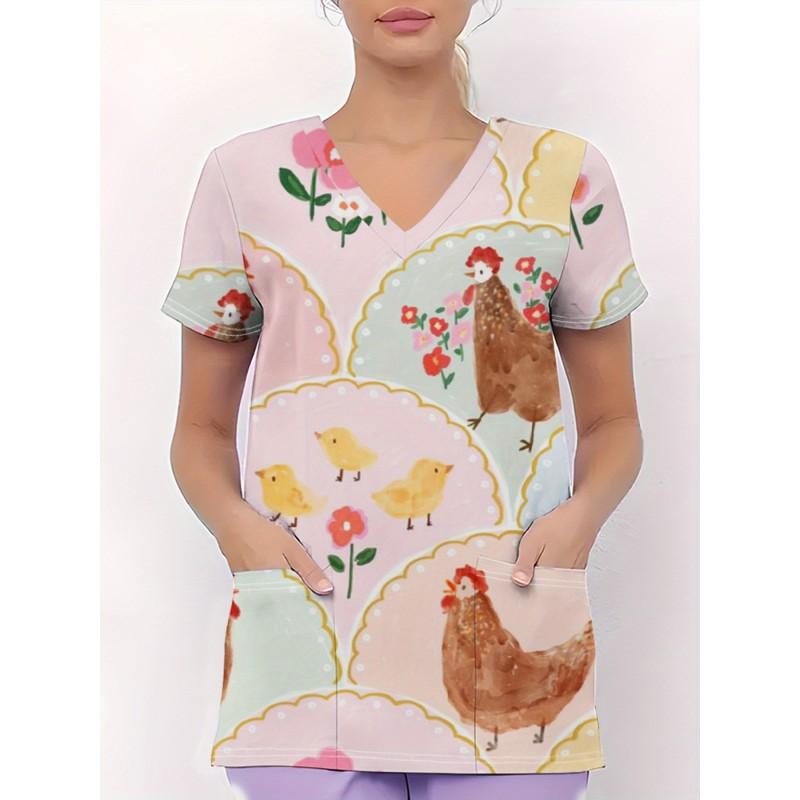 Womens V-Neck Short Sleeve Nursing Scrub Top With 3D Cartoon Print Comfortable Workwear Casual Medical Uniform