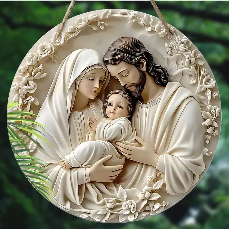 1/2pcs 2D Baptism Pray Faith Theme Family Wooden 7.9Inch/20cm Round Hanging Sign Wall or Door Decor Wall Art, Outdoor Courtyard