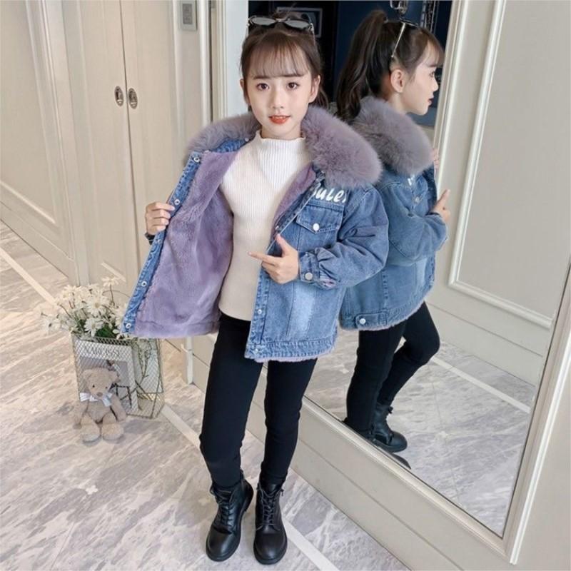 Girls' Jackets Autumn and Winter Models Children's Denim Plus Velvet Thick Winter Cotton Clothes CUHK Children