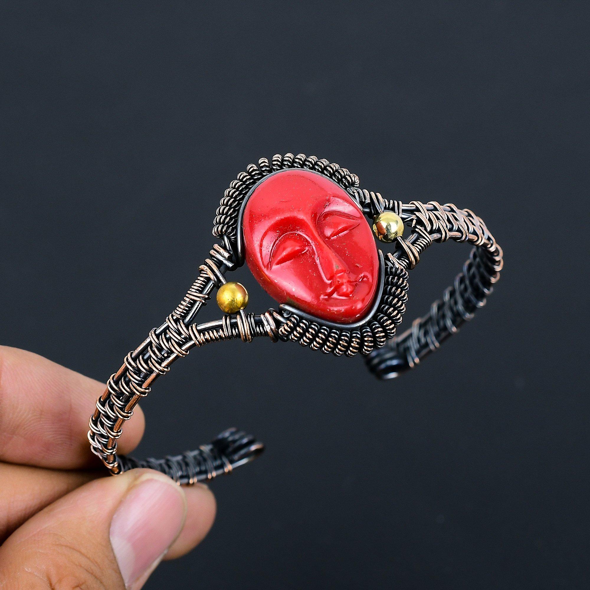 

Red Praying Lady Carved Bone Face Handmade Latest Design Jewelry Bangle, 999 Copper Wire Wrapped Gemstone Bangle, Gift For Sister 2.55 inches