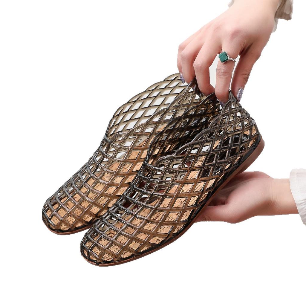 Korean Style Women's Fashion Flat Sandals - Solid Color, Hollow Design, Round Toe Mesh Jelly Beach Shoes