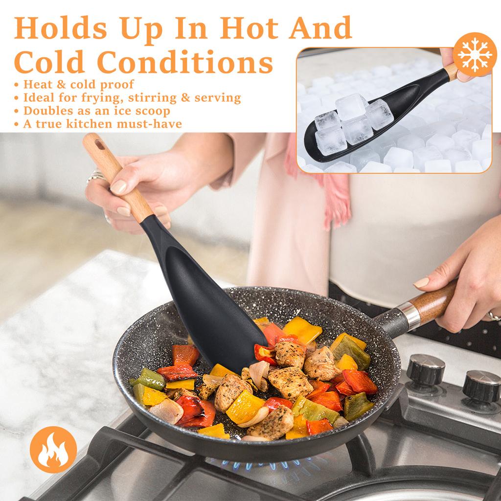 3/4Pcs Silicone Cooking Spatulas Spoons Set Wood Handle Multi-functional Serving Spatula Spoon for Baking Scooping and Scraping