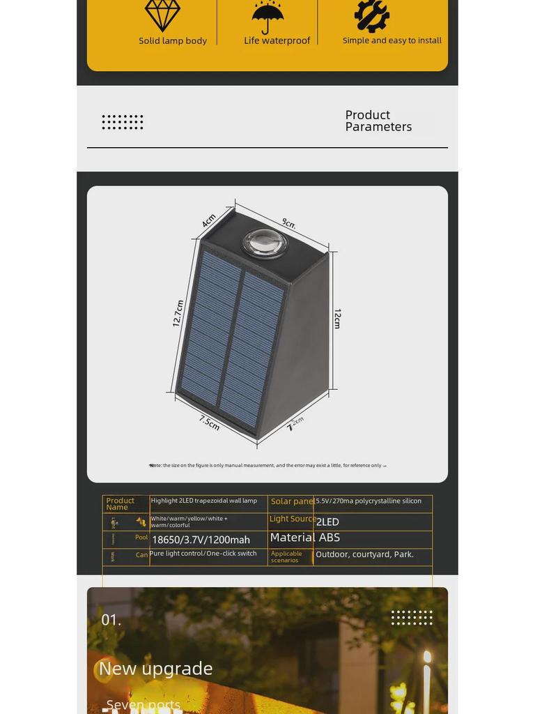 Outdoor Waterproof Solar Wall Light with Up and Down Spotlight Convex Mirror Double Head Design