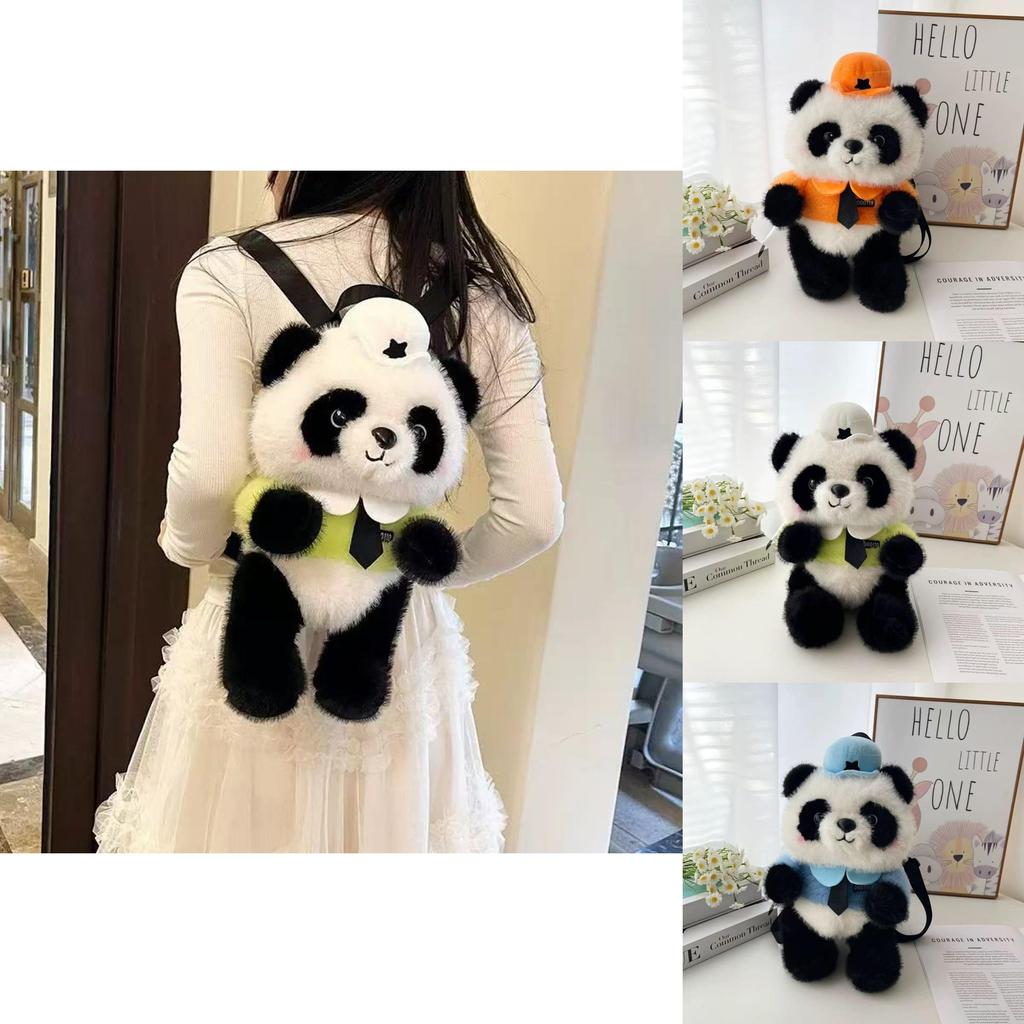 Police Panda Plush Backpack For Girls With Zipper Closure And Cartoon Design