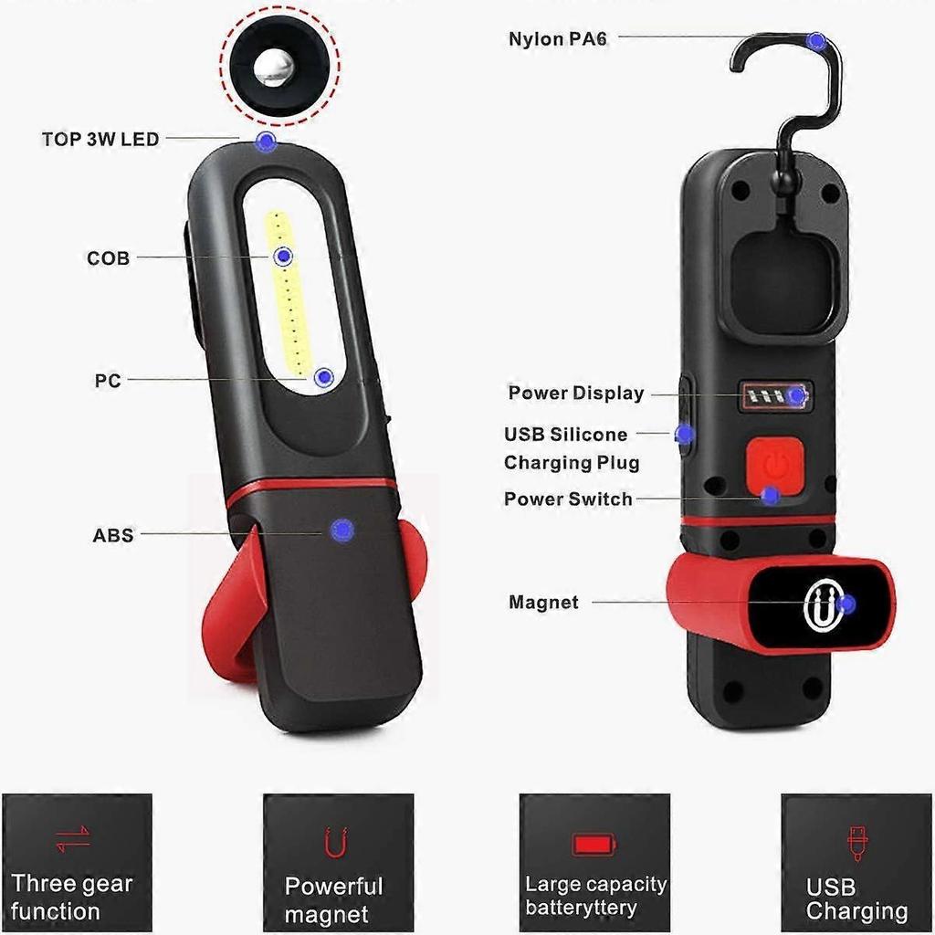 Rechargeable LED Work Light, 2-in-1 Inspection Light (360 Degree Rotation) and 5W COB LED Torch Light with Magnetic Base and Hook