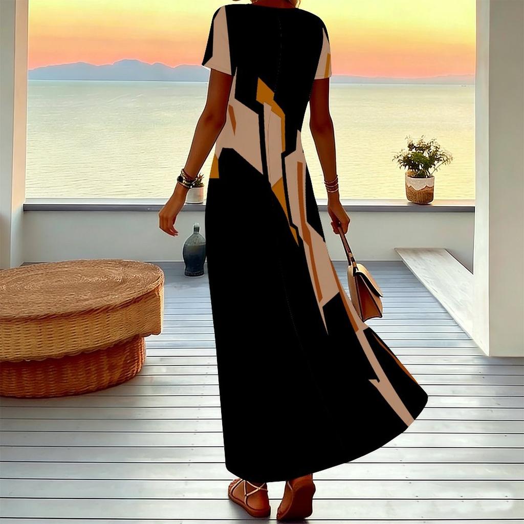 Women Plus Size V Neck Short Sleeve Maxi Dress Black Beige Brown Geometric Block Print Loose Long Dress