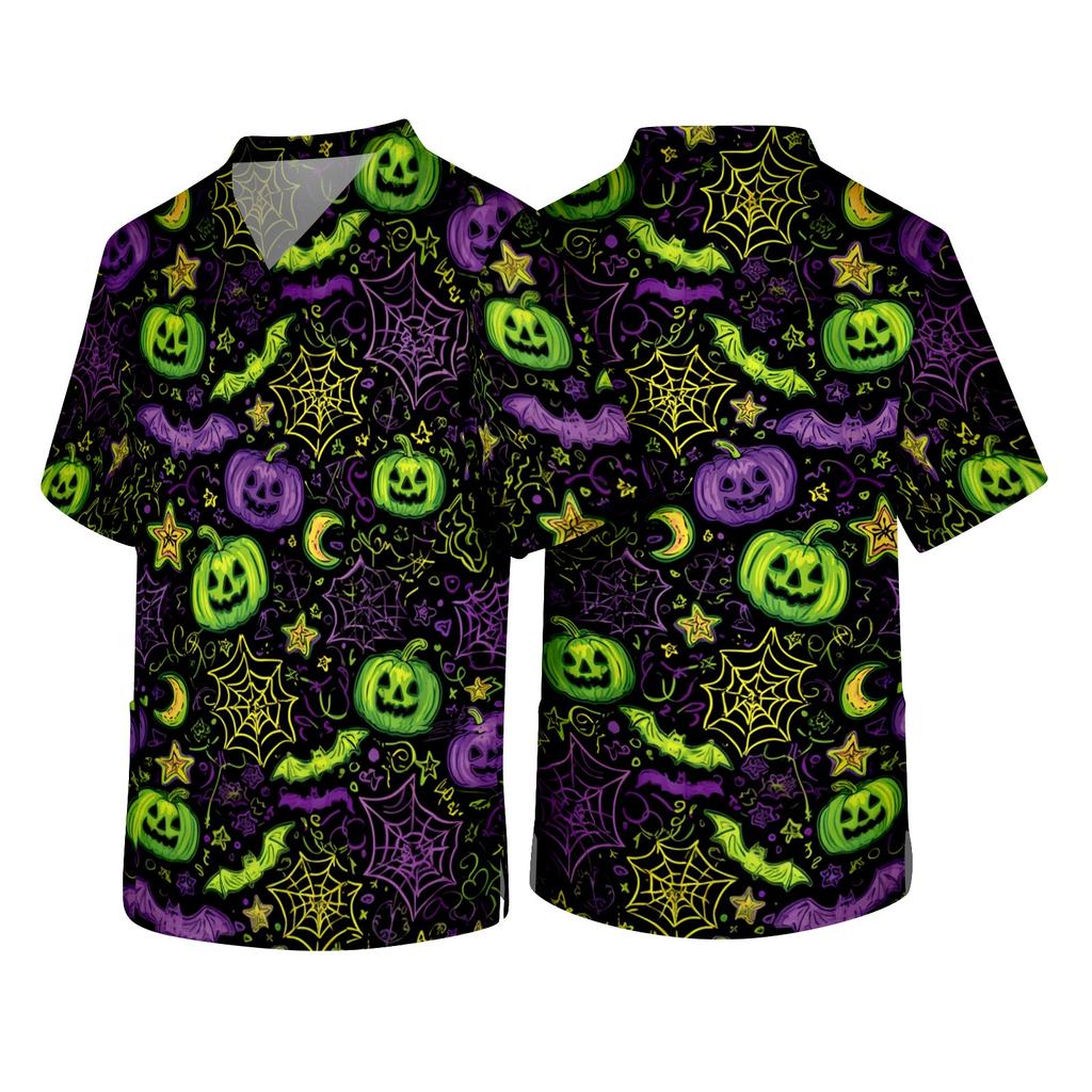 Men V Neck Short Sleeve Halloween Print Top with Chest Pocket for Healthcare Workers Comfortable Fit Scrub Shirt