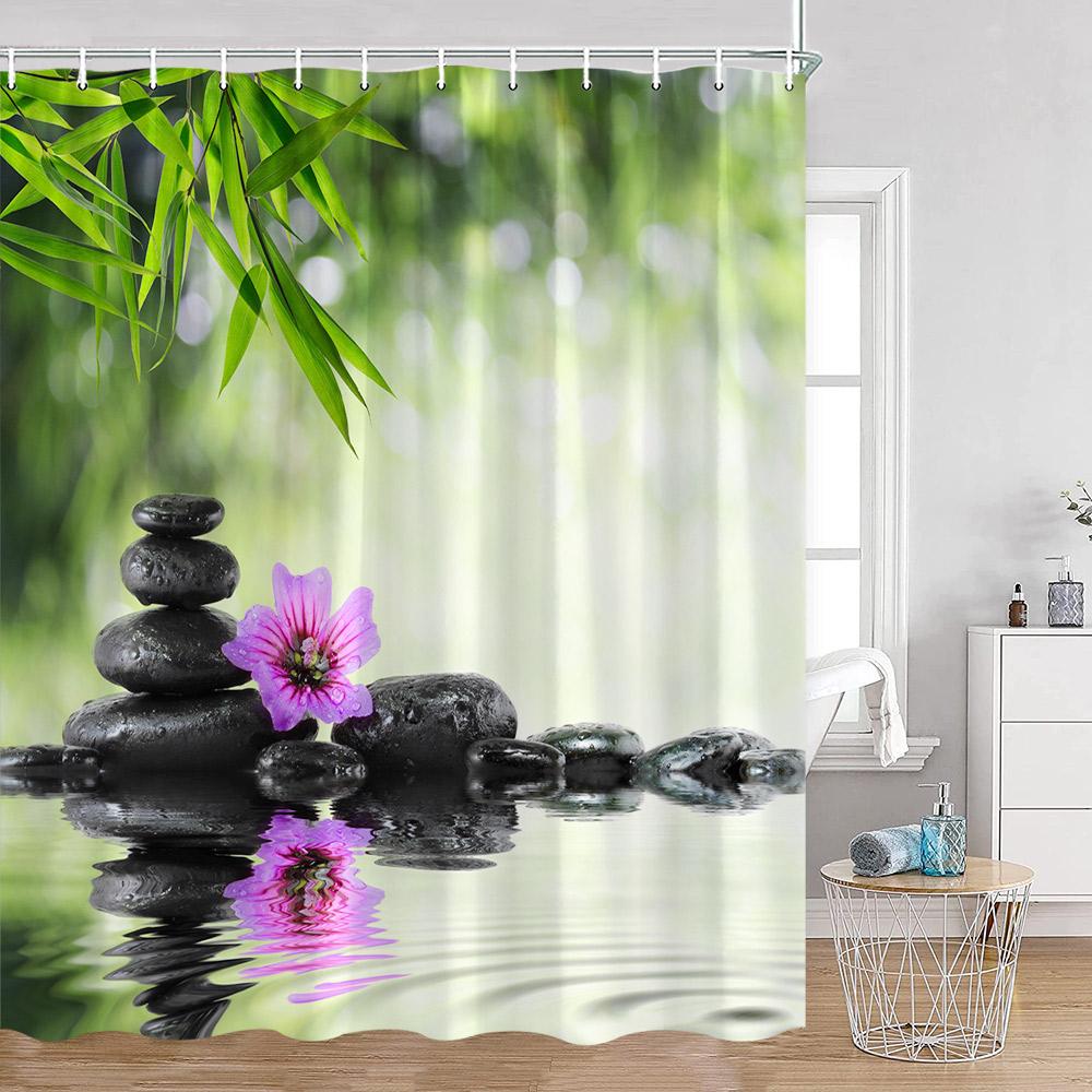 Zen Green Bamboo Shower Curtain Orchid Buddha Meditation Black Stone Candle Stream Plant Bathroom Decor Polyester Bath Curtain