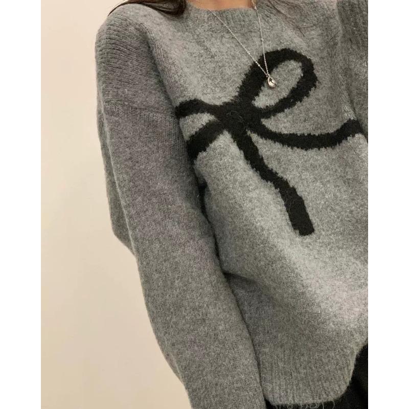 Elegant Korean O-neck Bow Tie Pattern Sweet Pullover Sweater Autumn Women Long Sleeve Casual Knitted Top Loose Fashion Winter Simple Knitwear