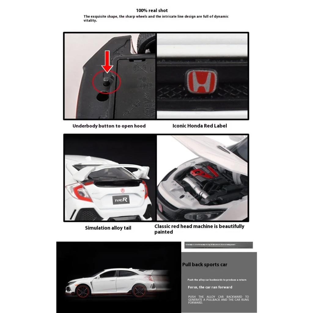 Honda Civic Type-R Supercar-Modell aus Metallguss im Maßstab 1:32 mit Sound und Lichteffekten – ideal für die Schreibtischsammlung, als dekoratives Geschenk für Jungen.