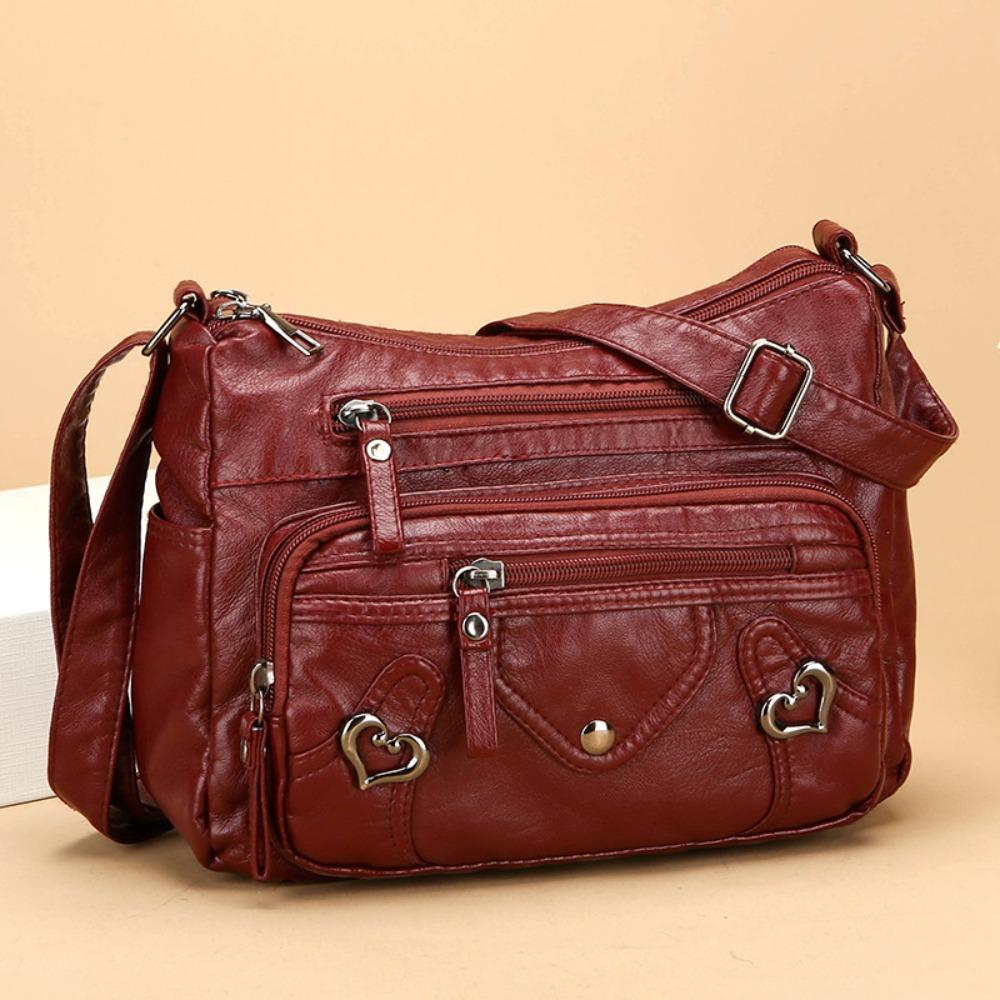 

PU Leather Crossbody Bag Large Capacity Adjustable Strap Mom Messenger Bag Zipper Closure Multi Layer Women Purse вина червоного кольору