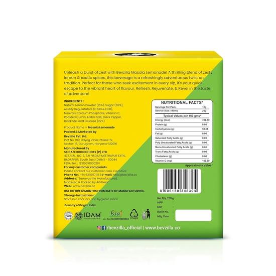 Bevzilla Masala Lemonade Infused with Vitamin C | Handcrafted Instant Drink Premix | Makes Upto 50 Glasses|25*10 Sachets | Easy To Carry