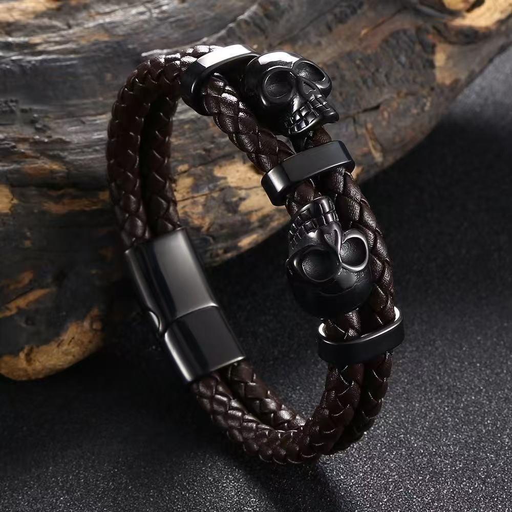 Punk Style Leather Braided Bracelets Unique Magnetic Hand Chain Gothic Skull Wristband Anniversary