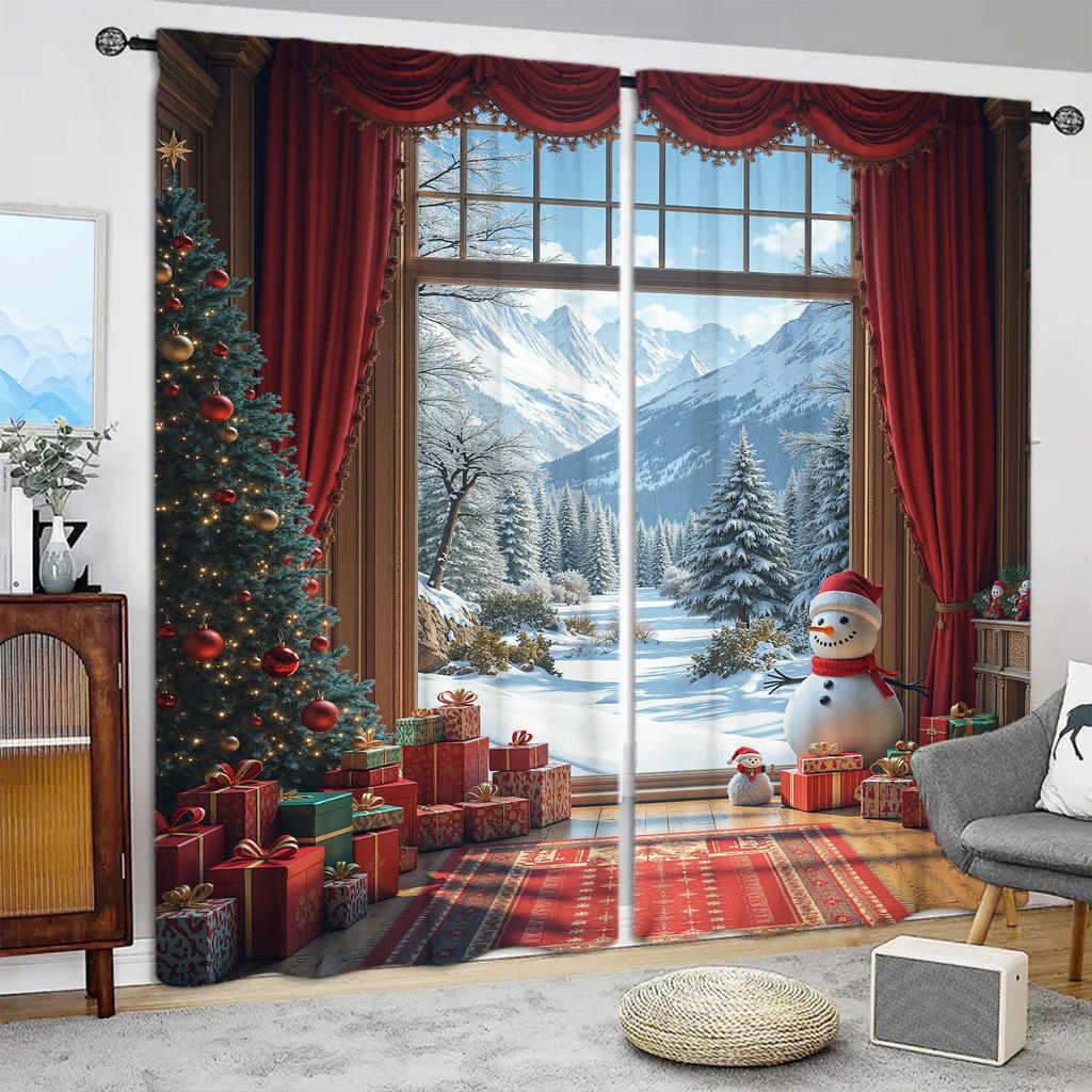 2pcs Christmas Snow Printed Curtain for Christmas Home Decor - Rod Pocket Window Treatment for Bedroom,Office,Kitchen