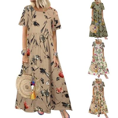 Damen Sommer Langkleid Rundhalsausschnitt Kurzarm Maxikleid Locker Geblümt Bedrucktes Boho-Kleid
