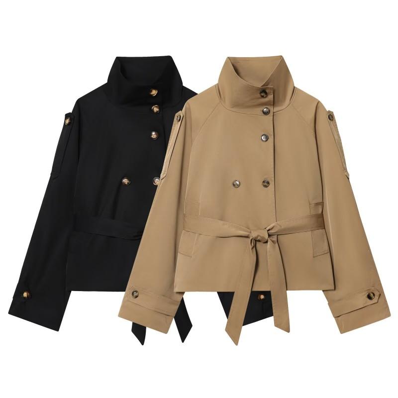 Womens 2026 Double-Breasted Belted Trench Coat With Stand Collar Slim Fit Street Style