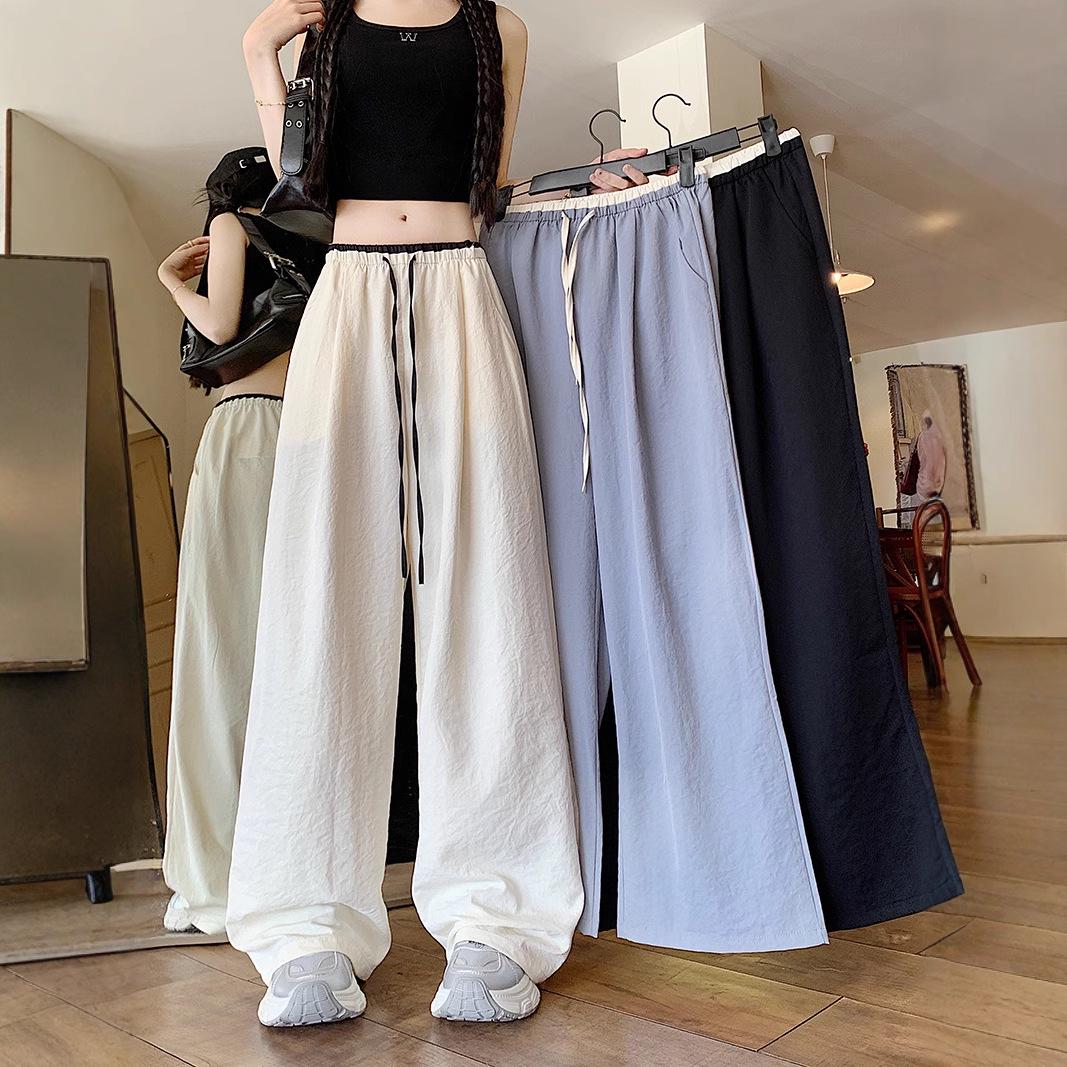 

Korean Retro Colorblock Ice Silk Wide-Leg Summer Pants for Women Small