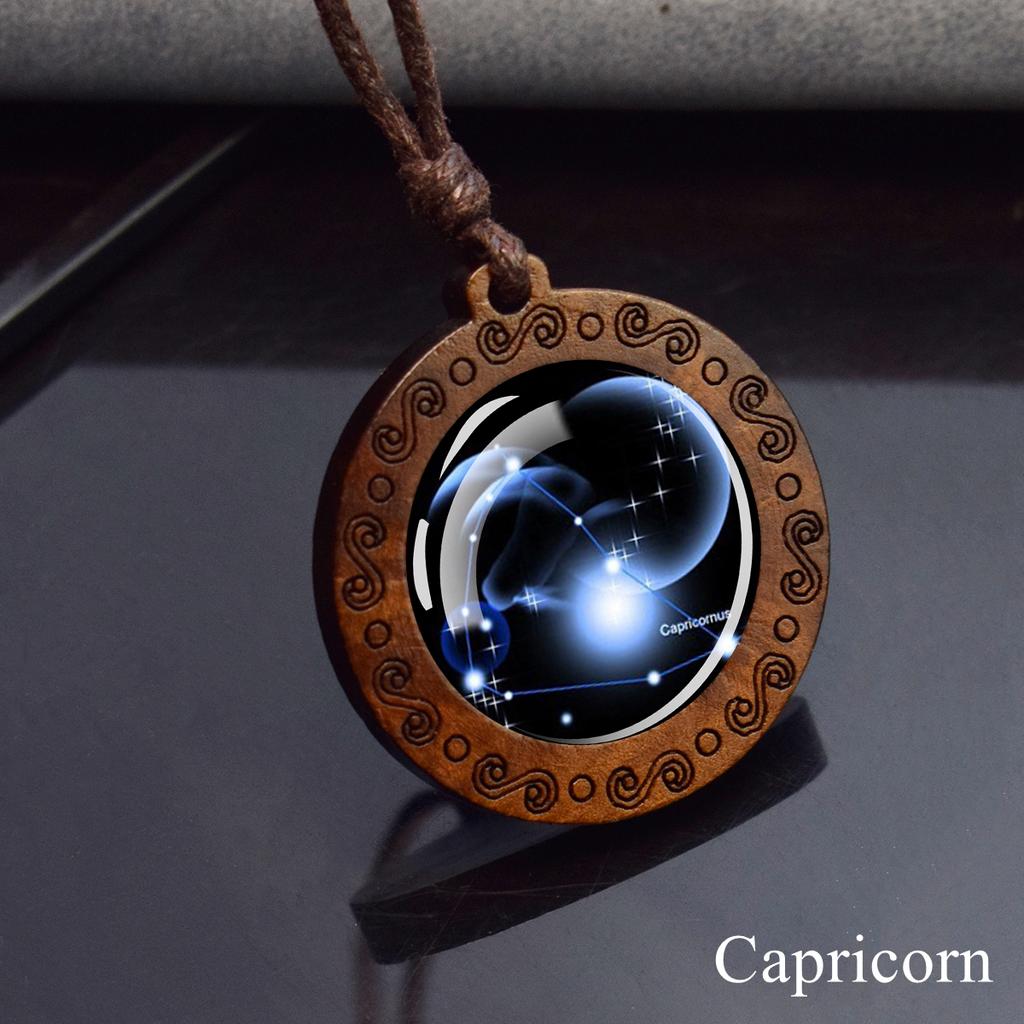 12 Constellation Necklace Starry Sky Zodiac Round Glass Wood Pendant Necklace Birthday Gift Couples Jewelry