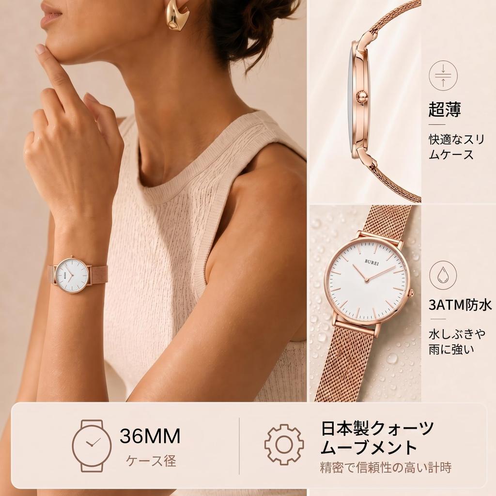 BUREI Analog Quartz Mesh Suitable for Gift Rose Women's Watch, Waterproof, Band, Simple, Stylish, Popular, Lightweight, Students, Casual, Business,