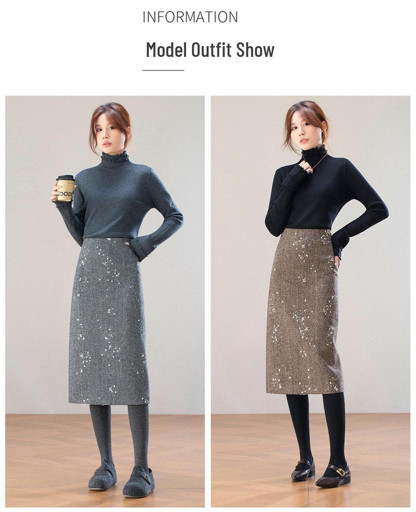 2025 Winter Elegant High-Waist Mid-Length Sequin Wool Slit Skirt for Women