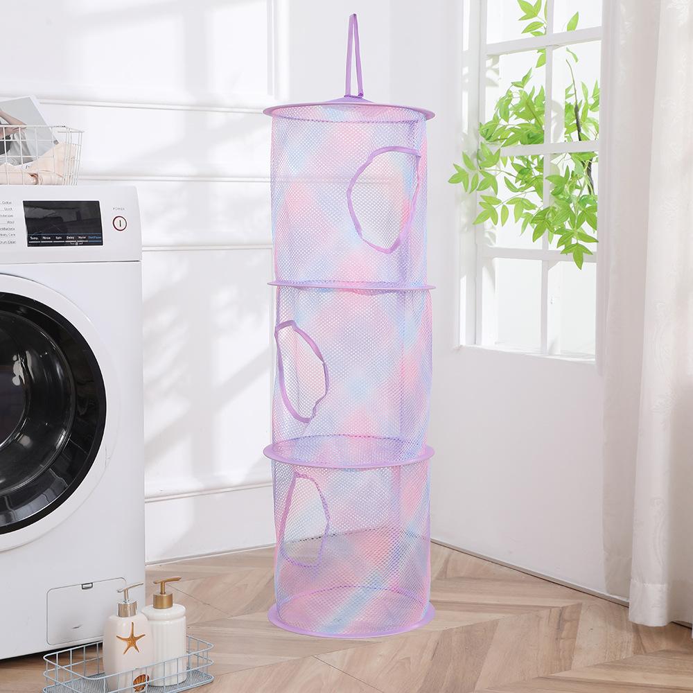 3 Shelf Hanging Laundry Basket Nylon Mesh Storage Basket for Toy Washing Basket Dirty Clothes Sundries Basket Organizer Bag