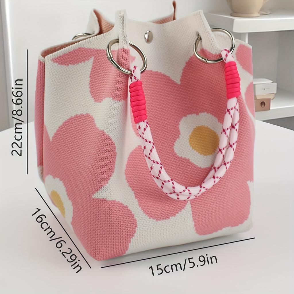 1pc, Women's Knit Bucket Handbag,Fabric Material with Metal Clasp Closure,Versatile for Casual&Formal Outings,Shopping Accessory