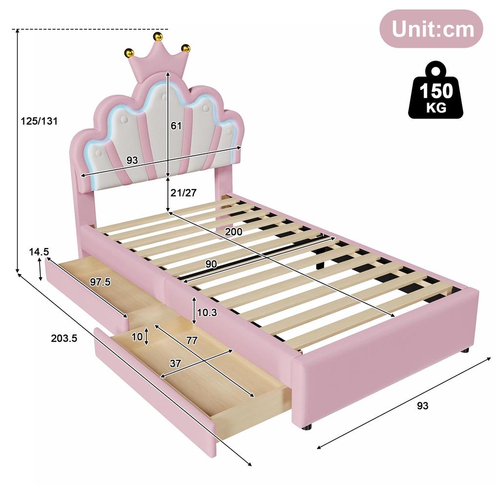 Children's Bed Girls Crown Single Bed with Adjustable Headboard, LED Strip, Slat Base and 2 Drawers, Made of PU Leather  (without Mattress), Pink