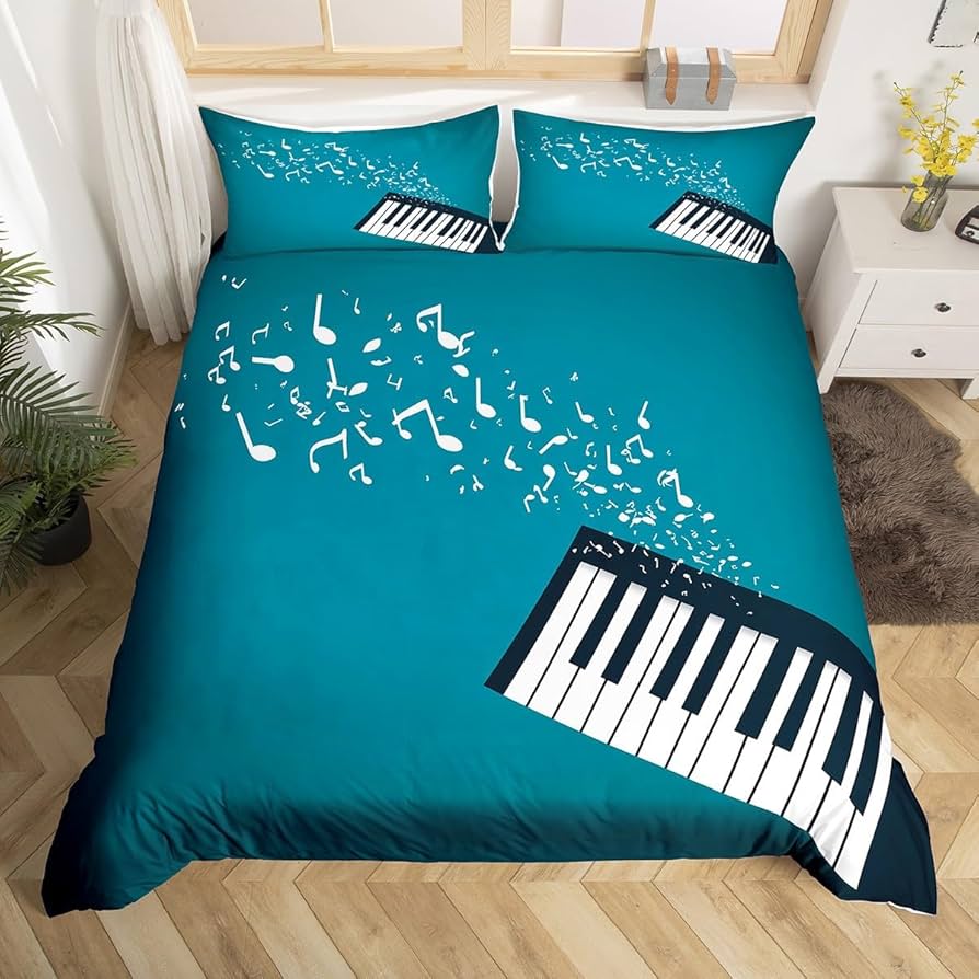 Musical Notes Duvet Cover,Piano Key Comforter Cover Twin Queen Size,Music Themed Bedding Set Melody Musical Note Bedclothes 3Pcs
