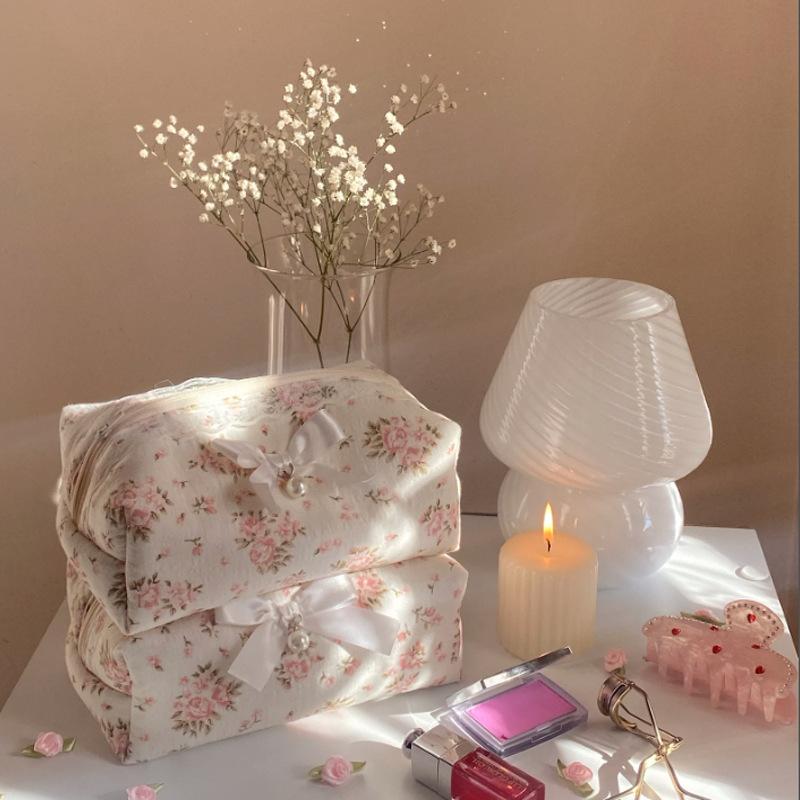 Cute Sweet Lace Bow Cosmetic Bag Large Capacity Makeup Organizer Women Travel Toiletry Bag Zipper Pencil Case Storage Bags