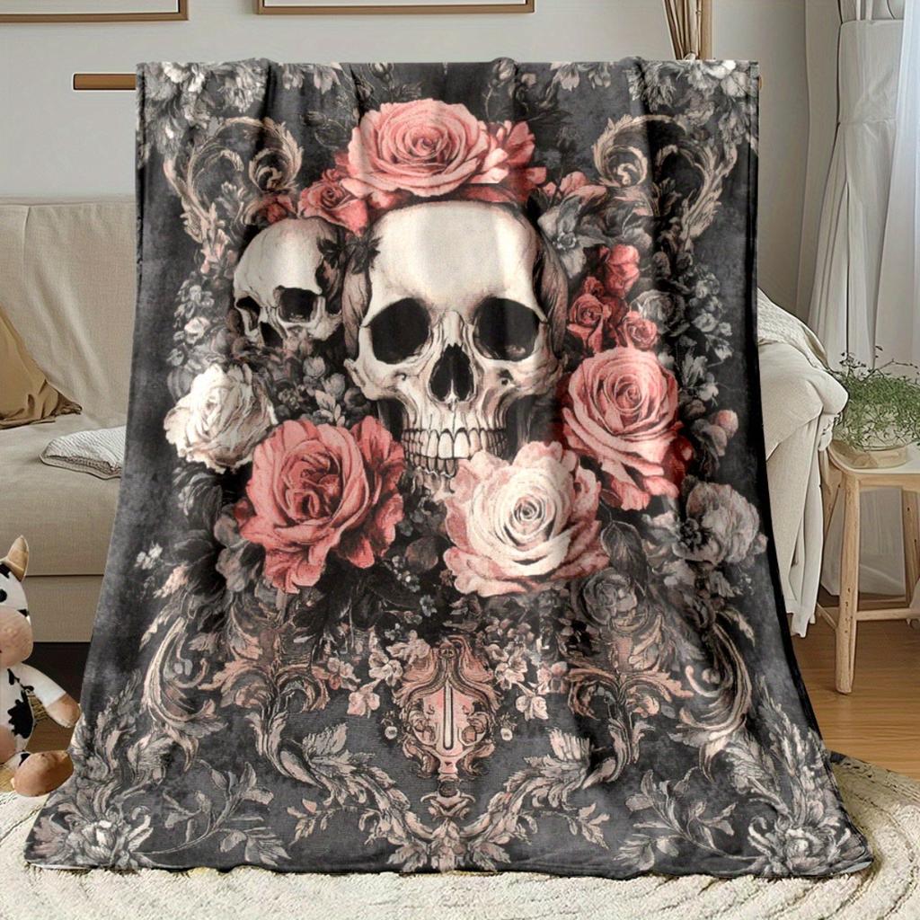 1pc Gothic Floral Skull Blanket - Lightweight Flannel Throw with Pink Roses & White Skulls, Soft & Warm for Sofa, Camping, Livin