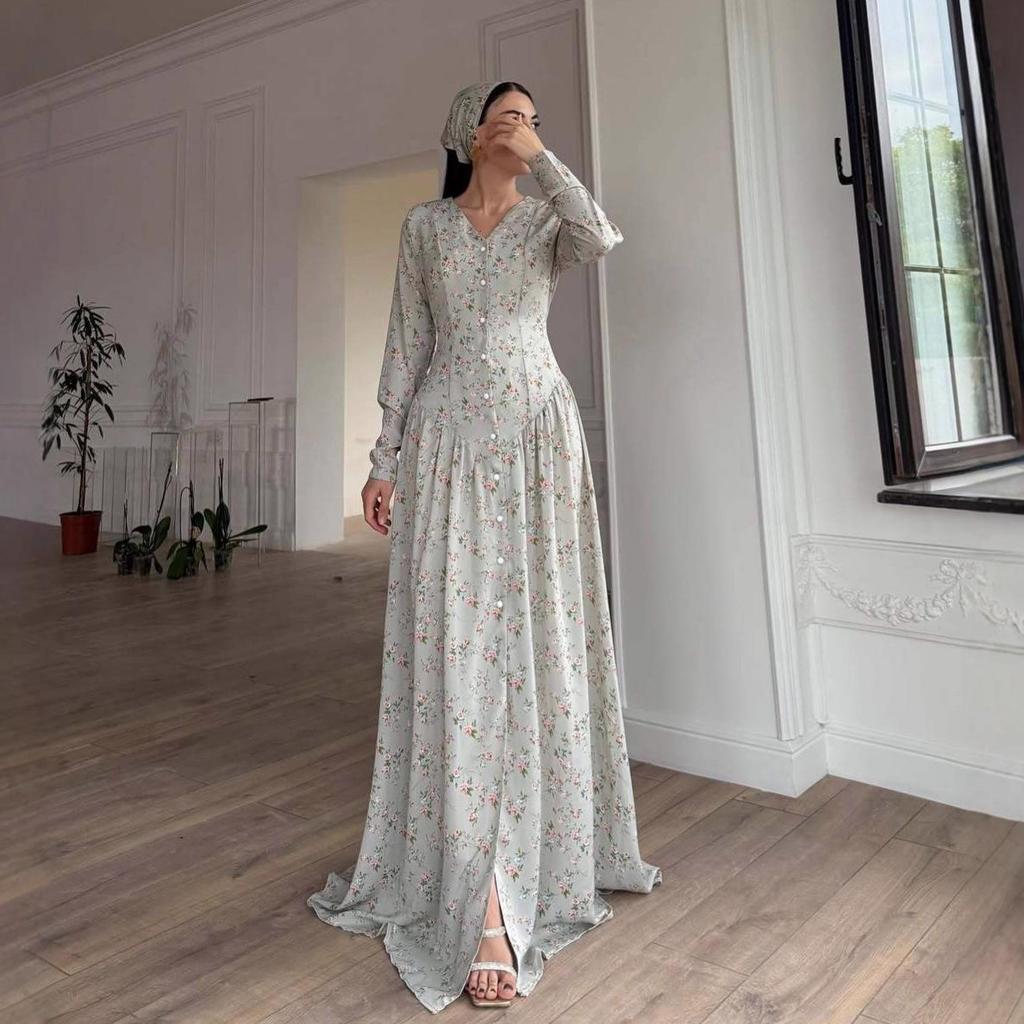 Elegant Autumn 2025 V-Neck Retro Floral Dress - European & American Style Waist-Cinching Women's Fashion