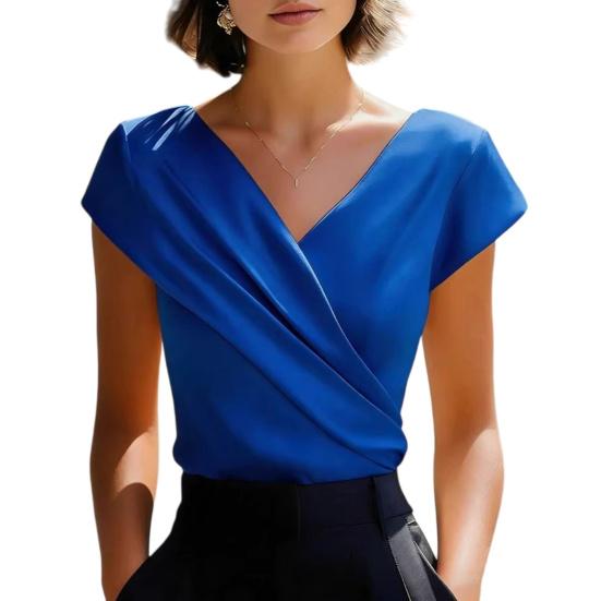 

Women Tops V-Neck Short Sleeve Pleated Design Shirt Tops Pure Color Slim Fit Summer Casual Tops Office Party Date M синий